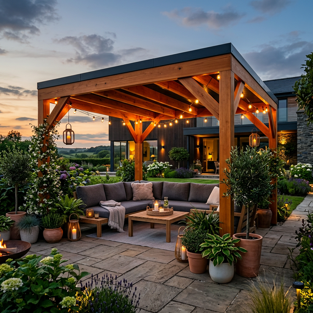 Pérgola de madera con iluminación decorativa